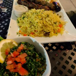Tabouleh and kafta kabob with rice