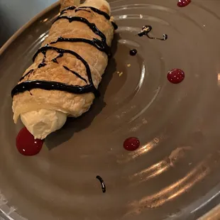 brown butter cannoli w/chocolate ganache and sweet vanilla pastry cream. A puff pastry with sour cream/cream cheese (not sweet).