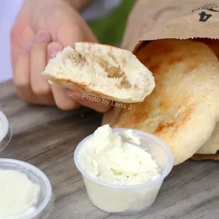Bread rolls ($2.95) and toum. Bread is soft and fluffy, toum is delicious and very garlicky