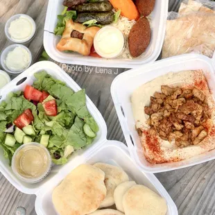 Lamb Combo Dinner ($18.99), Hummus and Chicken Shawarma Appetizer ($10.99), side of 6 bread rolls ($2.95)