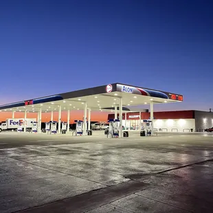 a gas station at dusk