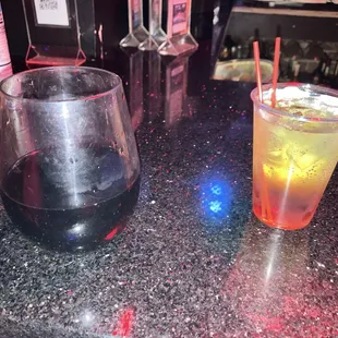 Amaretto and club soda on the right, Cabernet on the left.