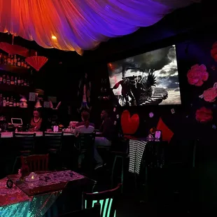 people sitting at tables in a dimly lit room