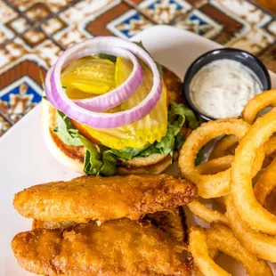 Cod sandwich and onion rings