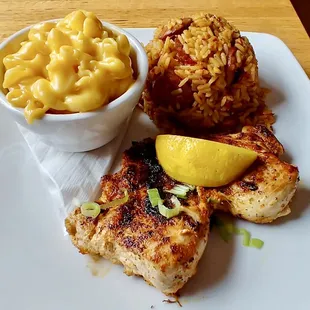 Blackened chicken with Dirty Rice and Mac &amp; cheese