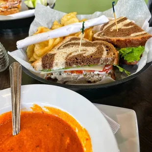 Roasted red pepper and smoked gouda soup + dilled chicken sandwich with kettle chips.