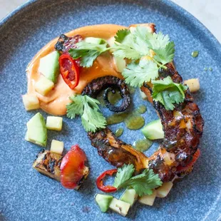 Grilled Octopus: charred pineapple, pickled pineapple, avocado, pickled fresno, blood orange, achiote mayo