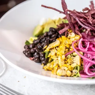 Alma salad with charred corn, avocado, cucumbers, black beans, pickled red onion, radish, hibiscus masa crisps &amp; avocado lime dressing