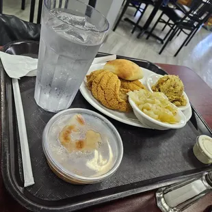 Catfish, Dressing, Cabbage and Peach Cobbler.