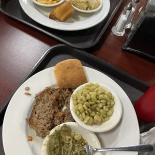 Meatloaf, okra, Lima beans. Baked chicken, cabbage, &amp; mac&amp;cheese