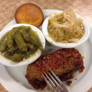Delicious meatloaf, sweet and slightly peppery (red pepper flakes) cabbage, okra and cornbread!