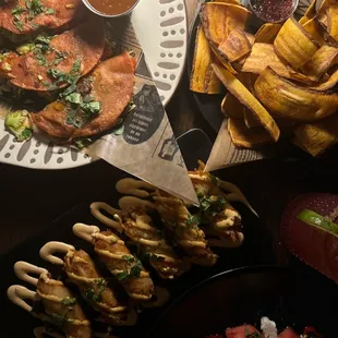 Bruselas Quesadillas, Bacon Tater Tots, Plantain Chips &amp; Watermelon Salad