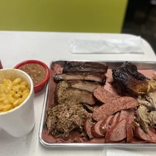 BBQ platter, Mac and cheese and baked beans.