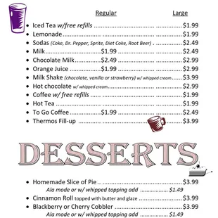 a menu for drinks and desserts