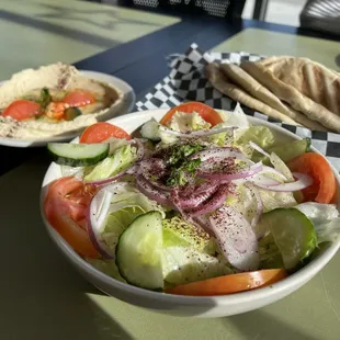 Salad. Hummus. Pita