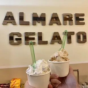Stracciatella - Italian Chocolate Chip (left) ; Toasted Almond with Caramel figs (right)