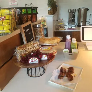 a variety of desserts on a counter