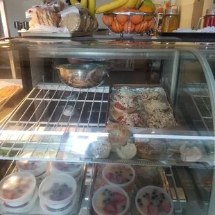 a display case filled with food