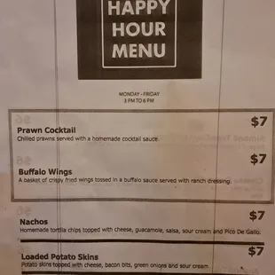 One page of Happy Hour Specials Monday to Friday 3 PM to 6 PM