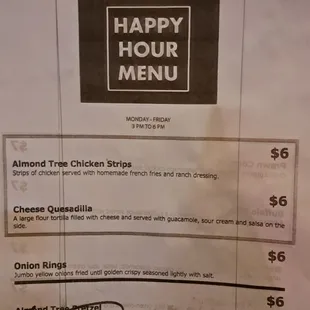 One page of the Happy Hour menu Monday to Friday 3-6 PM