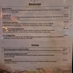 Sandwiches and Entrees menu
