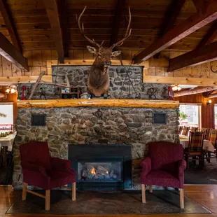 the fireplace and dining room