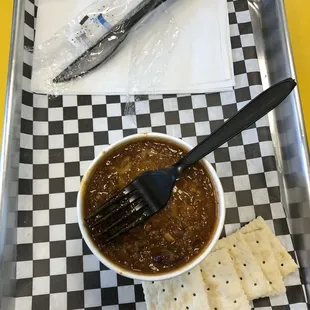Small soup of the day- chili. Served with crackers... and a fork!