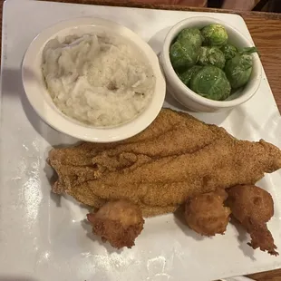 Catfish with Brussels and garlic mash