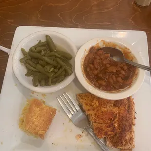 Blackened Salmon, Cowboy Baked Beans, cornbread, and Greenbeans