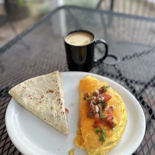 Chaga latte and Hatch Chili omelet