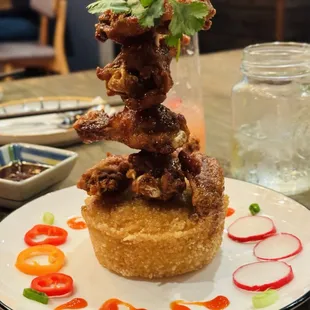 a stack of fried food