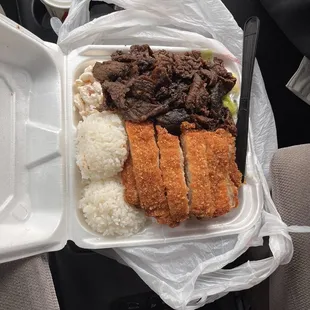 Katsu and BBQ chicken with mac salad and rice