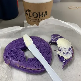 Ube bagel with cream cheese