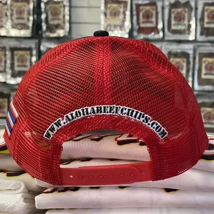 the back of a red hat