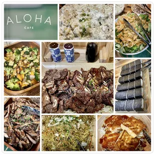 Mac Salad, Chinese Chicken Salad, Stir Fried Veggies, Kalbi Shortribs, Spam Musubi, Kalbi Chicken, Veggie Yakisoba, Tofu Teriyaki