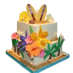 Tropical Theme Bridal Shower Cake: Kona Velvet w/ cream cheese filling,  Almond cake w/raspberry filling, frosted w/ white choc.