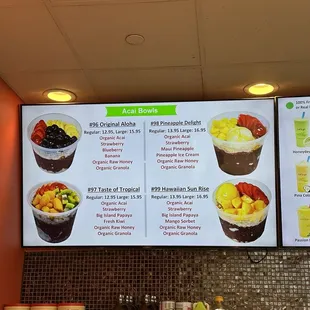 Acai bowls menu