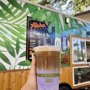 Coconut ube iced latte with oat milk