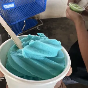 Blue vanilla soft serve. Oops we ate it before taking photo, but it was nice and big about 4" tall
