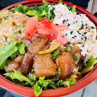 Poke Bowl.  Came with 2 Proteins (Spicy tuna and Spicy Shoyu tuna); 2 sides (Imitation Crab salad and Seaweed Salad).