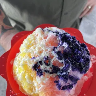 Banana, guava and lychee with regular and Ube snow cap and ice cream