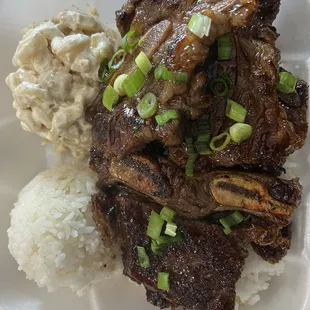Aloha Kalbi Ribs, two scoops of rice, and Mac salad