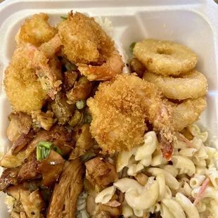 Crispy Shrimp &amp; Teriyaki Chicken with Mac Salad and Aloha Tots