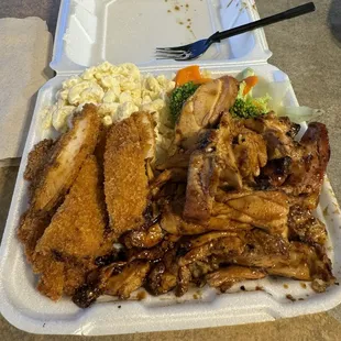 Katsu, teriyaki chicken, Mac salad and vegetables.