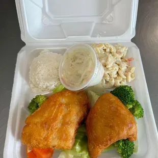 Fish, Steam Rice &amp; Veggies, Mac Salad and Coleslaw