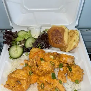 Creamy Dynamite Shrimp, Steamed Rice, Side Salad &amp; Garlic Butter Roll.