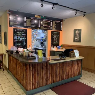 a view of a restaurant counter