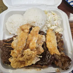 3 combo: chicken katsu, BBQ short ribs, BBQ chicken
