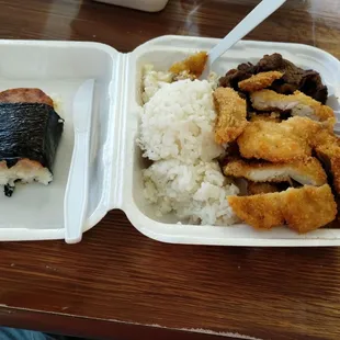 Chicken katsu, Spam musubu,  Mac salad and