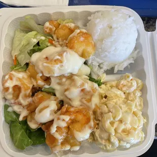 Shrimp, Mac salad, and rice